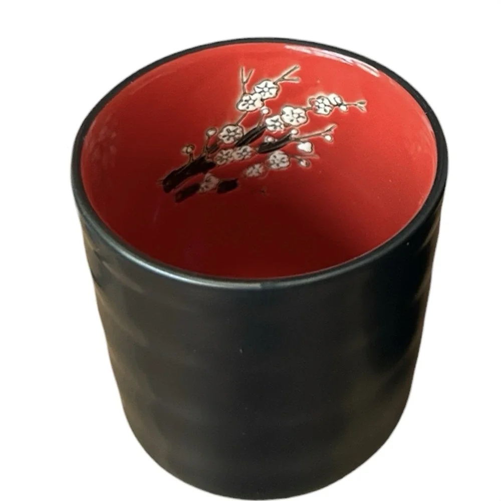 2 VISUN Sake Tea Cups Matte Black Red Floral Dogwood Branches Asian 3.25